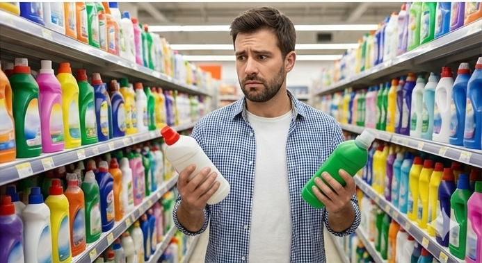 Pessoa diante de uma grande variedade de produtos de limpeza